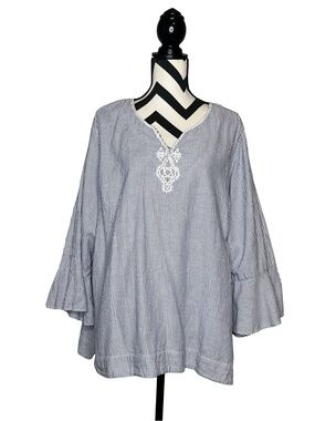 Westbound Striped 100% Cotton Coastal Boho Bell-Sleeve Tunic Top Sz 3X